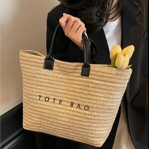Woven Straw Tote Bag with Black Handles